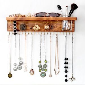 Wood jewelry holder with shelf and necklace hooks